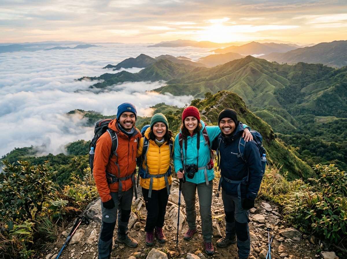 Happy Young Travelers in Mountain Summit overlooking Sea of Clouds
